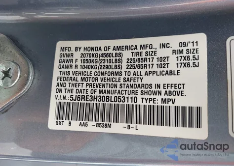 2011 Honda Cr-V Lx z USA, uszkodzony, nr VIN 5J6RE3H30BL053110